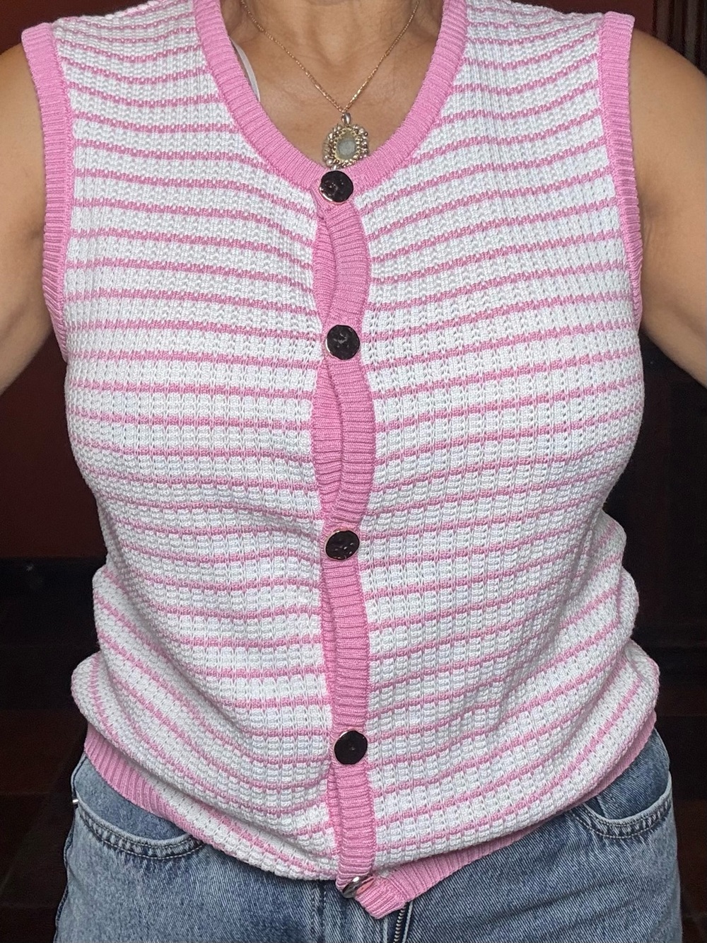 Love Tree Pink & White Striped Sleeveless Button Cardigan